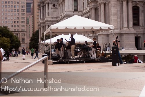 A church group performs music near Philadelphia City Hall
